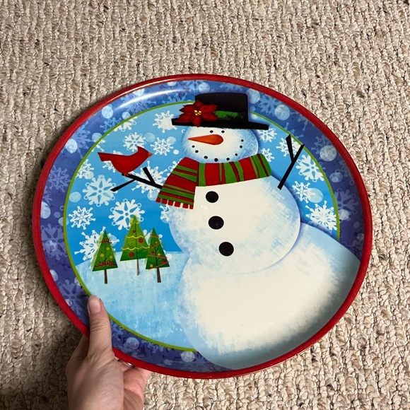 ⛄️AMSCAN: Large round snowman & cardinal theme serving platter, preowned. - Picture 2 of 7